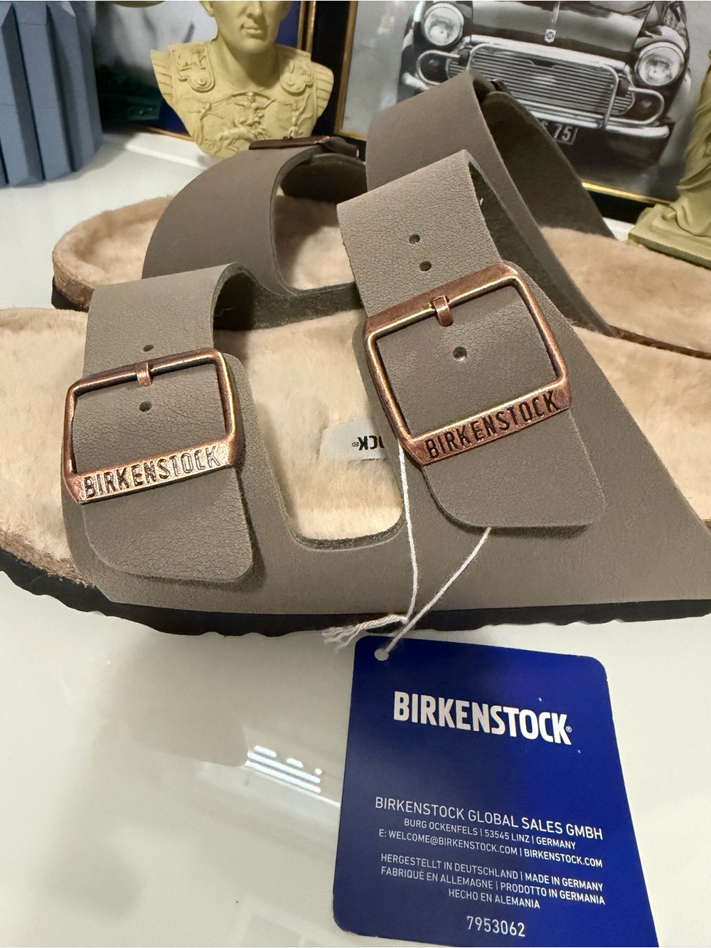 Birkenstock Women’s Taupe Two-Strap Sandals with Rose Gold Buckles - Shearling! - Picture 2 of 9